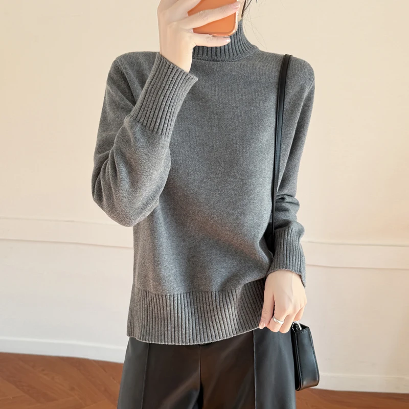 

Spring and Autumn New Women's 100% Cotton Knitted Sweater Casual Solid Color High Collar Pullover Loose Hot Selling Women's Top