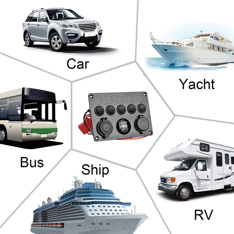 Panel de interruptor de barco Panel de interruptor de coche Panel multifunción Puerto USB dual Panel de interruptor de combinación de salida LED marino basculante rojo