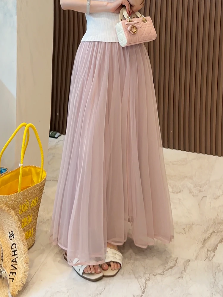 

Модная летняя юбка из плотной сетки средней длины с эффектом многослойности от Little Rain Sister, А-силуэт, с завышенной талией