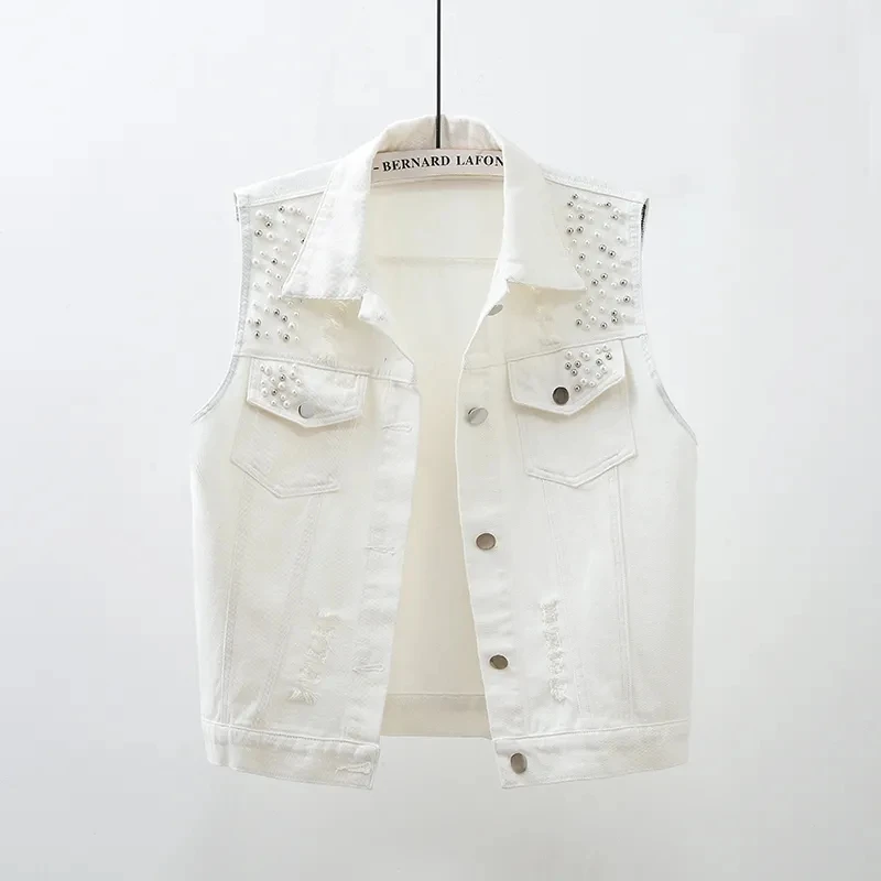 Colorful Denim Vest Women SpringSummer Jeans Short Jacket New Hole Nail Bead Sleeveless Jacket Sweetheart Tops Female Waistcoats