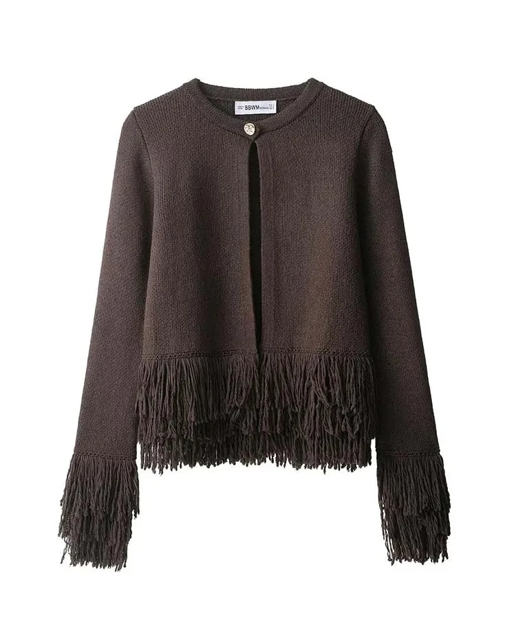 

Women Fashion Tassel decoration Knitted Cardigans Long Sleeve Button Sweater Cardigan Autumn Winter New Style Outerwear