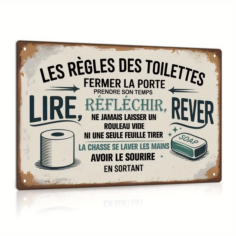 Vintage Metal Wall Sign French Bathroom Rules, Funny Toilet Paper Decor, Distressed Finish, Ideal Housewarming Gift for Home