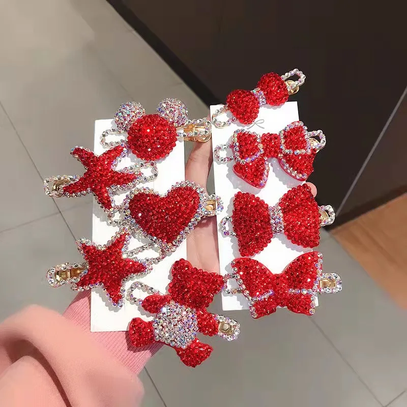 Red Rhinestone Heart-shaped Hair Clip Bowknot Bangs Side Clip for Girls New Year Gift Wedding Party Accessories Fashion Jewelry