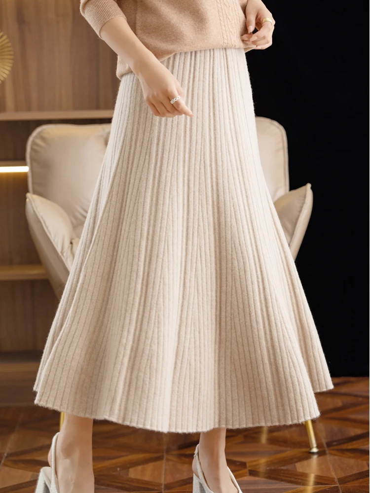 New Fashion Grace Women Wool Long Pleated Skirt Autumn Winter Office Lady Cashmere Skirt 100% Merino Wool Pupular Dress Tops