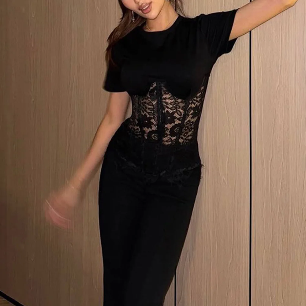 Sexy Women's Lace Patchwork Tops See Through O-neck Short Sleeve Bandage Waist Cinching Shirts 2026 Spring Lady New All-match - view 6