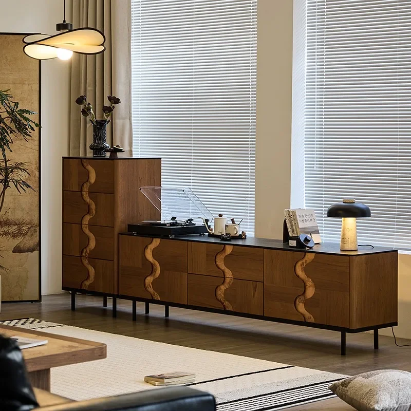 Medieval teak retro solid wood TV cabinet, living room storage cabinet, TV cabinet combination, black walnut parquet cabinet