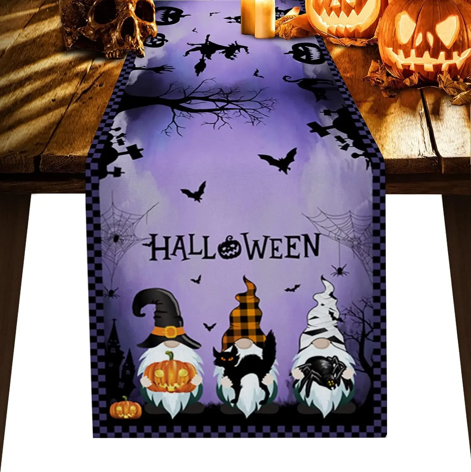 Halloween Gnome Pumpkin  2026 Table Runner Home Decor Black Cat Castle Purple Spooky Nights Dining Table Runners Halloween Decor