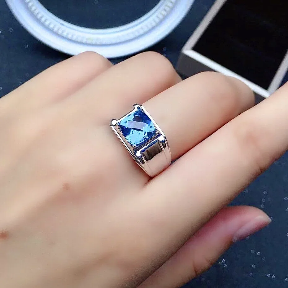 

Classic Luxury Silver Man Ring for Party 8mm VVS Grade Natural Topaz Ring for Man 925 Sterling Silver Topaz Jewelry