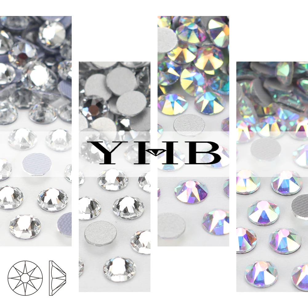 YHB 2088 High Quality 16facet Hotfix Non-Hofix Cold fixation  White Crystal AB Stass Flatback Rhinestones  DiY  Nail art