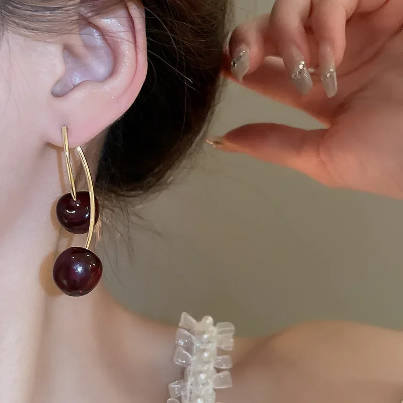 Fresh Sweet Double Red Cherry Earrings for Women Cute Fruit Drop Earrings Unique Design Wedding Party Ear Jewelry Gifts