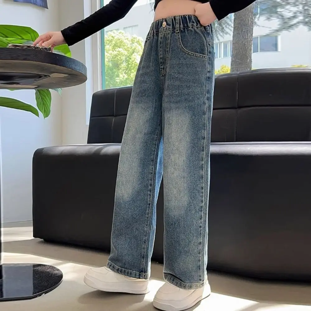 Urocze jeansy dziecięce z kokardką, proste, luźne, w stylu Y2K, spodnie kowbojskie, jeansy z wysokim stanem dla dziewczynek, spodnie dżinsowe, streetwear