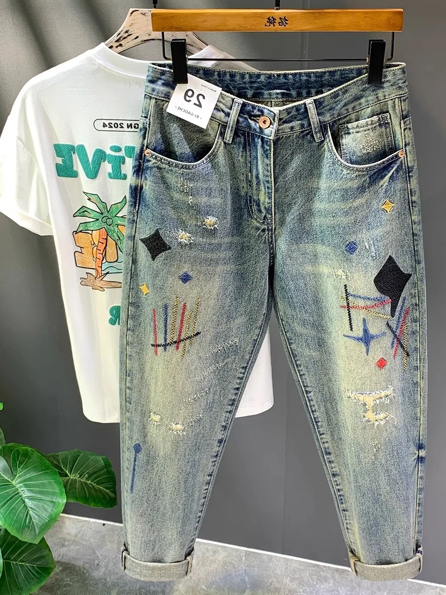 

Heavyweight Waed Ripped Denim Men's Faion Patchwork Embroidery Print Loose Conical Straight Leg Jeans Casual Pants