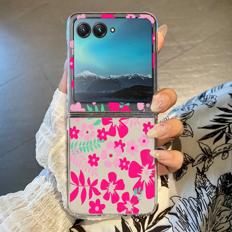 Transparente Handyhülle mit rosa Blumendruck für Motorola Razr 50 40 Ultra Razr 40 Razr50, stoßfeste Stoßstange, transparent, faltbar, harte Abdeckung