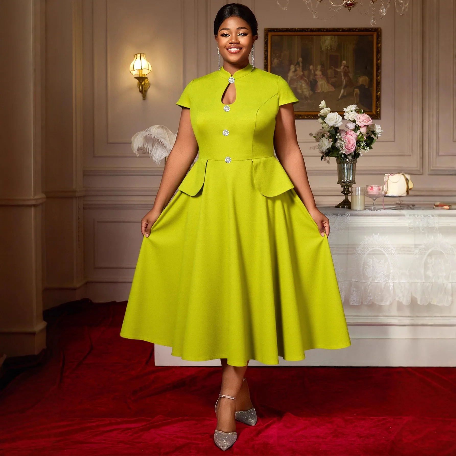 

L-4XL Plus Size African Dresses for Women Autumn Elegant African Short Sleeve Pleated Midi Dress Dashiki Africa Clothing Outfits