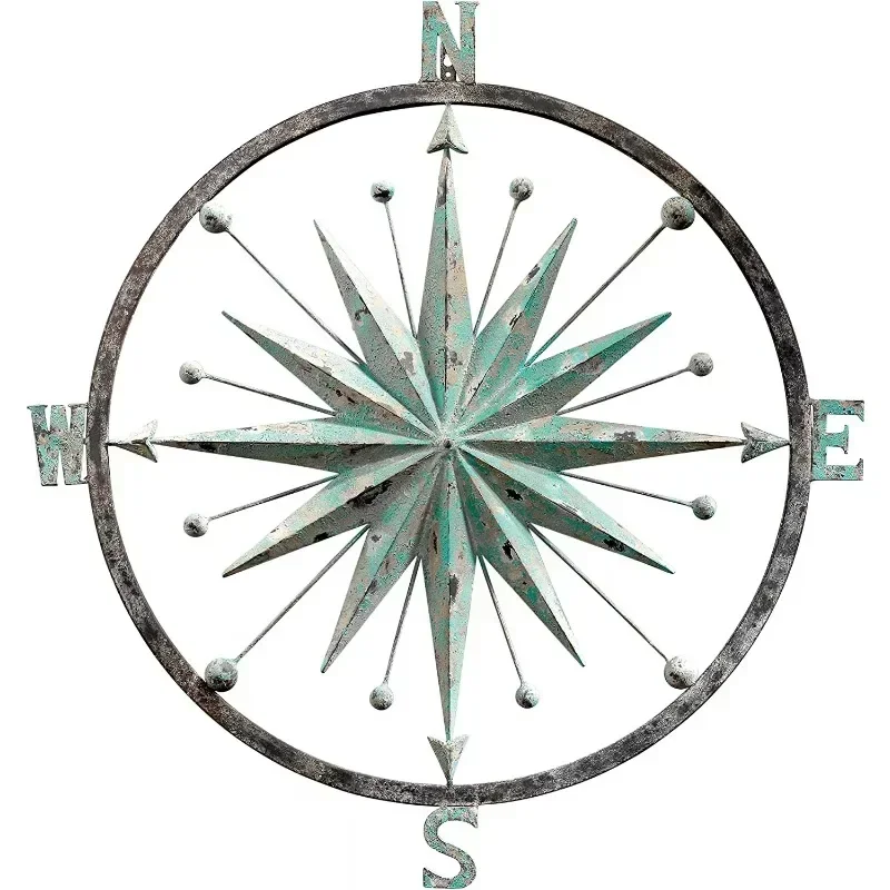 Home Decor's Premium Handmade Verdigris Compass Rose Aluminum Wall Sculpture Pointer Dial Navigation Positioning Equipment