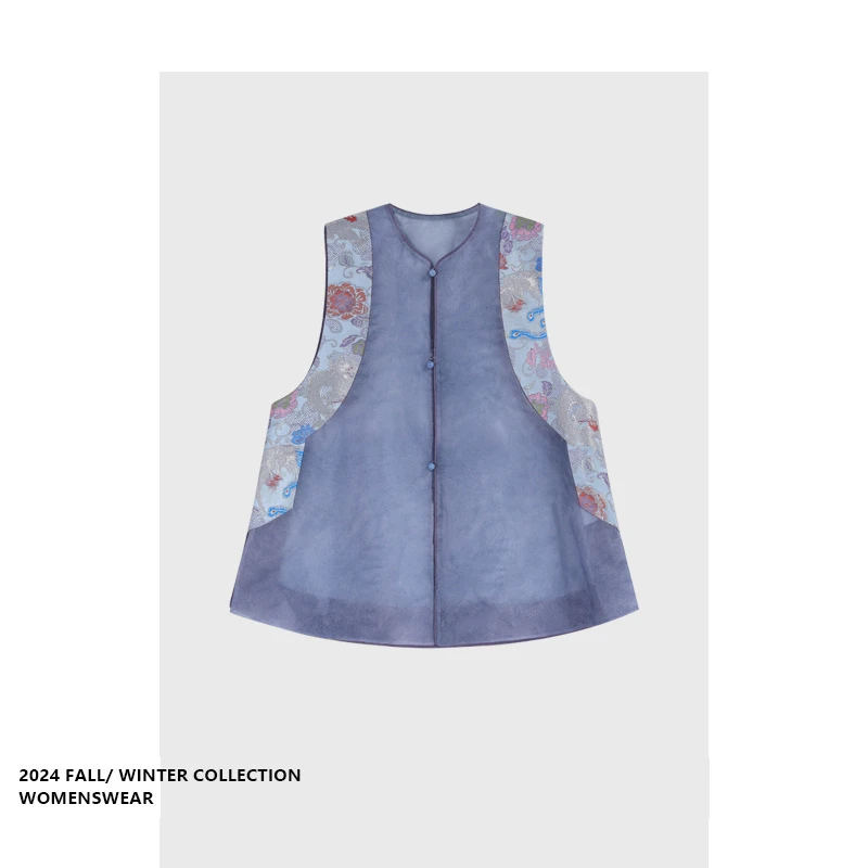 

Женский летний топ-жилет Forever 2 с тяжелой вышивкой, модный тренд, китайский стиль, синий туман, вышитый жилет, стройный силуэт