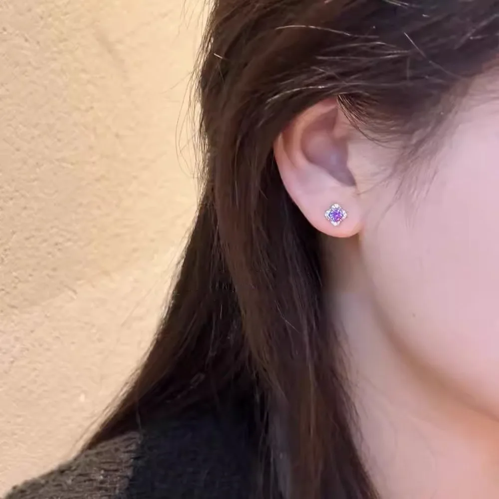 Romantic Exquisite 925 Sterling Silver Purple Zircon Four-leaf Clover Stud Earrings for Women Sweet Fashion Commuting Jewelry
