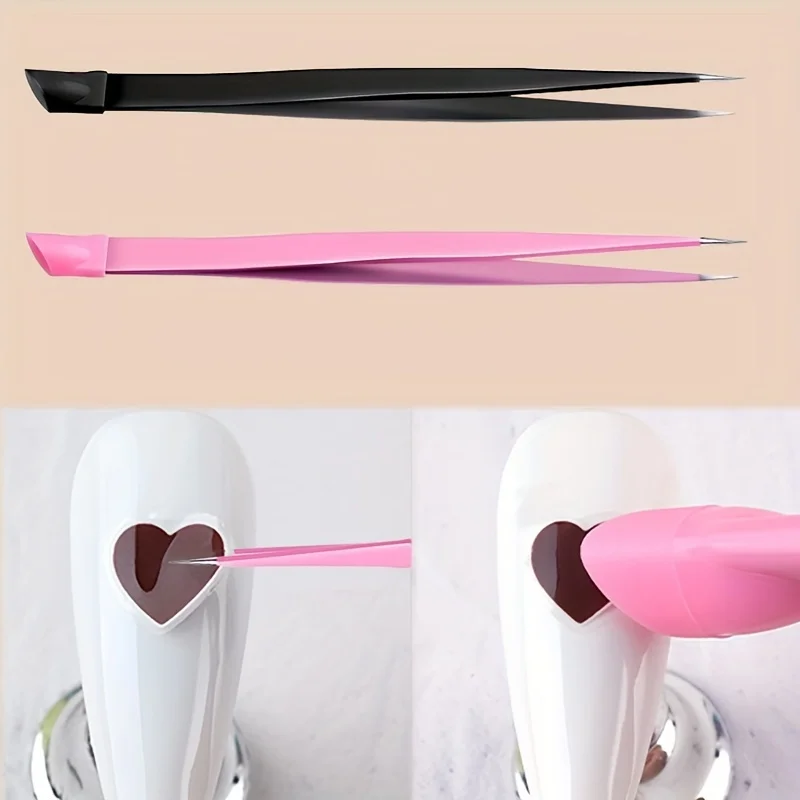 Double-Ended Nail Art Tweezers with Silicone Removal Sticker Diamond Eyebrow Clippers Straight Nail Supplies 2 Colors