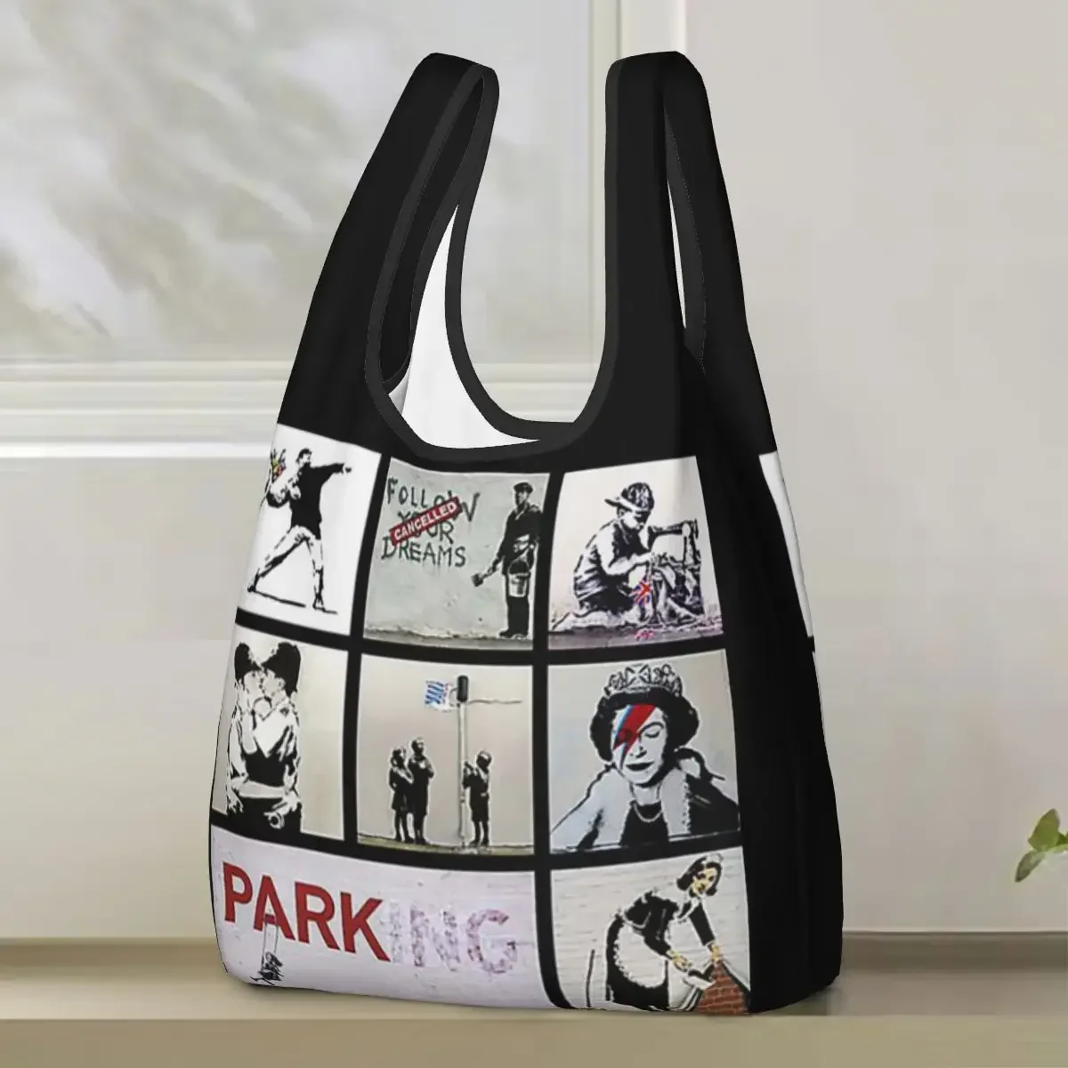 Banksy Montage 01 Various Banksy Artwork Shopping Bag Portable Tote Bags Reusable Shoulder Shopper Bag Grocery Handbag