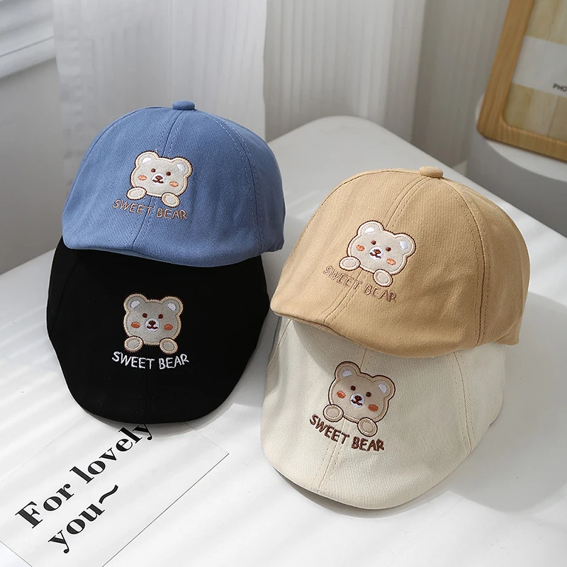 

Cute Little Bear Kids Beret Baby Forward Hat Solid Cotton Children Sun Protection Visors Cartoon Toddler Painter Cap 1-3Year