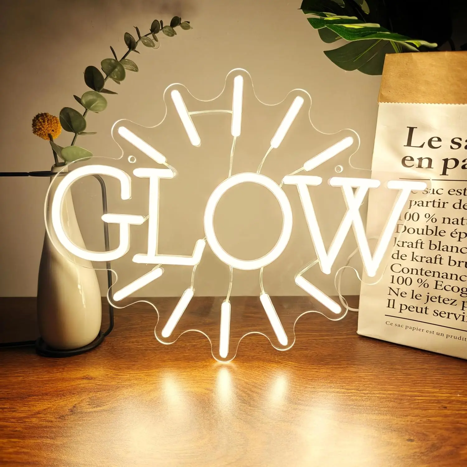

Неоновая вывеска GLOW с теплым белым светом – настенный декор с регулируемой яркостью, питание от USB, для спальни, общежития, туалетного столика и студии, минималистичный подарок