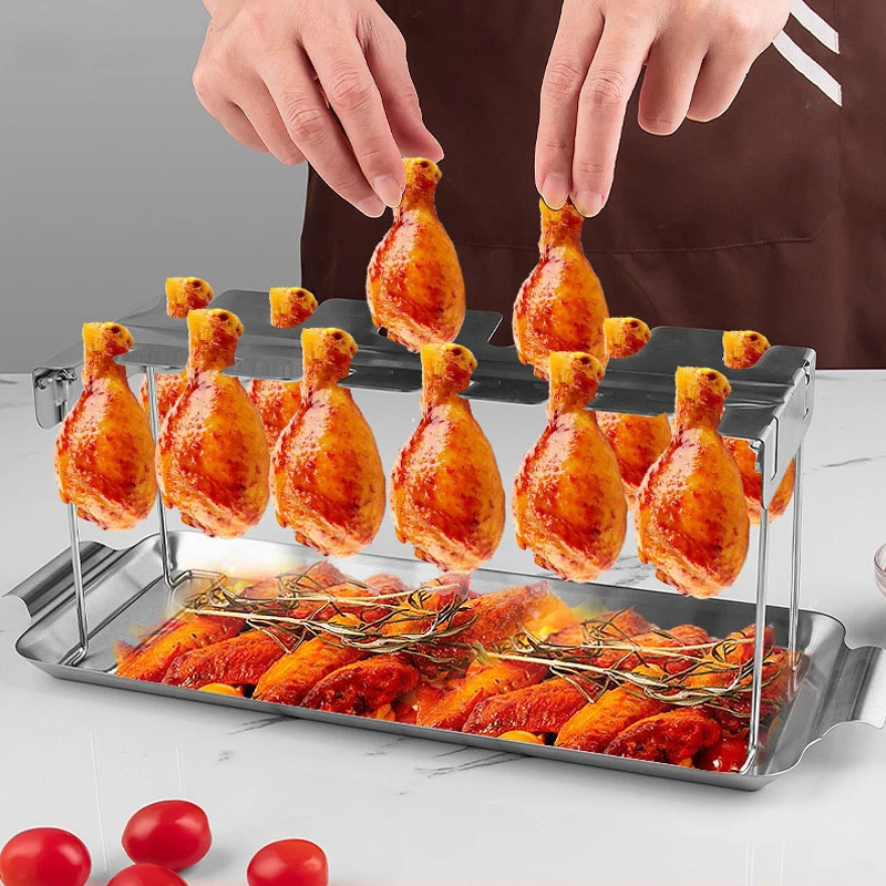 Rak kaki ayam 12 slot baja tahan karat rak sayap ayam dengan nampan tetes rak stik drum ayam lipat untuk piknik BBQ luar ruangan