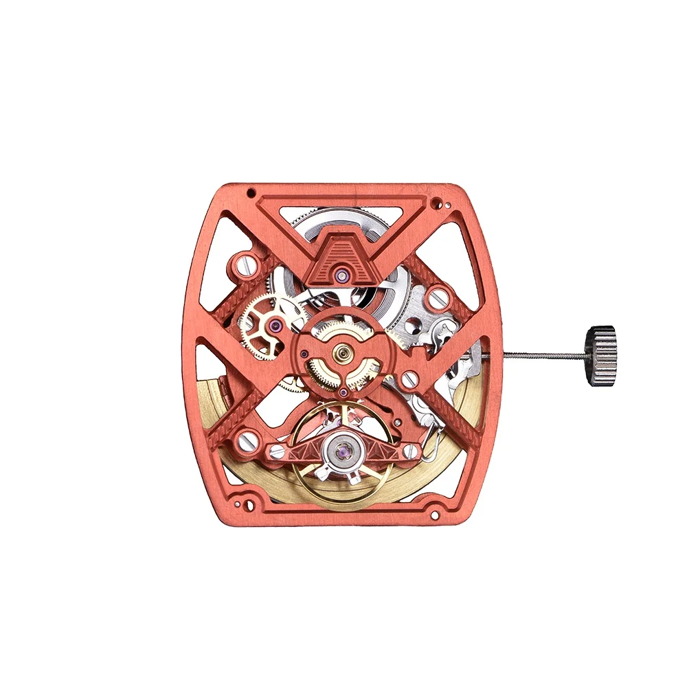 Newest Luxury All Skeleton Mechanical Movement Automatic 21 Jewels Red OEM Logo Custom Rotor Square Watch Movement