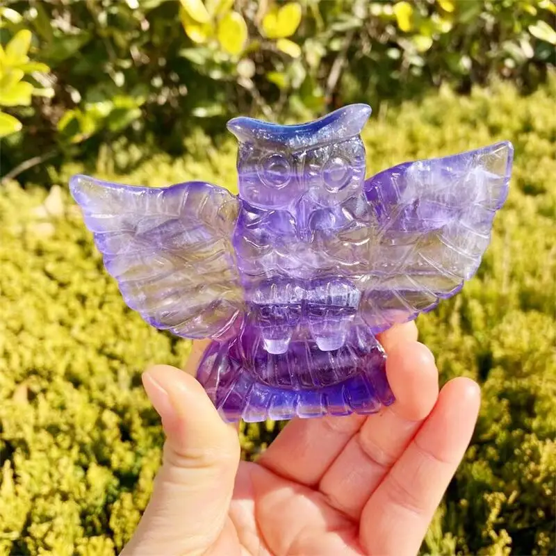 Natural Purple Fluorite Owl Carving Figurine Crystal Carved Animals Statue For Reiki Home Decoration 1pc