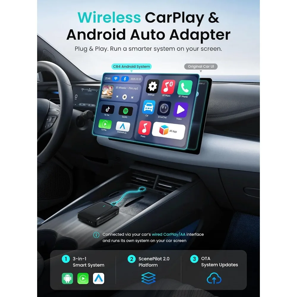 CarPlay/Android Auto Adapter, Netflix/YouTube/TikTok/TF Card, In-Car Entertainment & GPS, Dual Bluetooth view 2