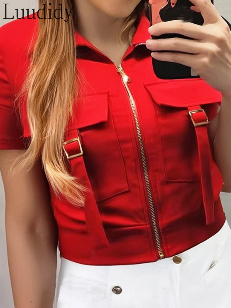 

Women's Solid Color Pocket Shirt Pocket Short Sleeve Top