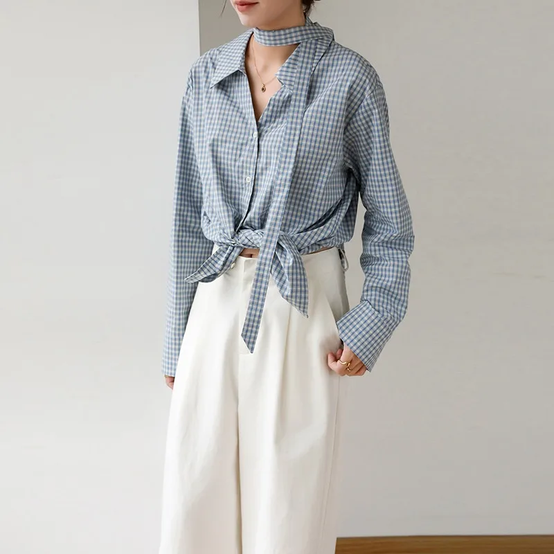 

Винтажные женские блузки, повседневные клетчатые топы, модная свободная летняя одежда во французском стиле, корейская женская рубашка с длинными рукавами