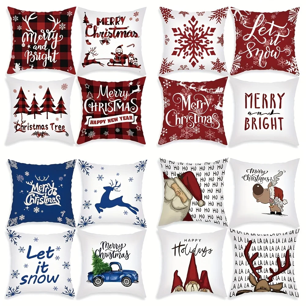 4 Uds Navidad copo de nieve alce barba blanca Santa Claus negro rojo a cuadros alfabeto inglés estampado funda de almohada decoración de funda de almohada