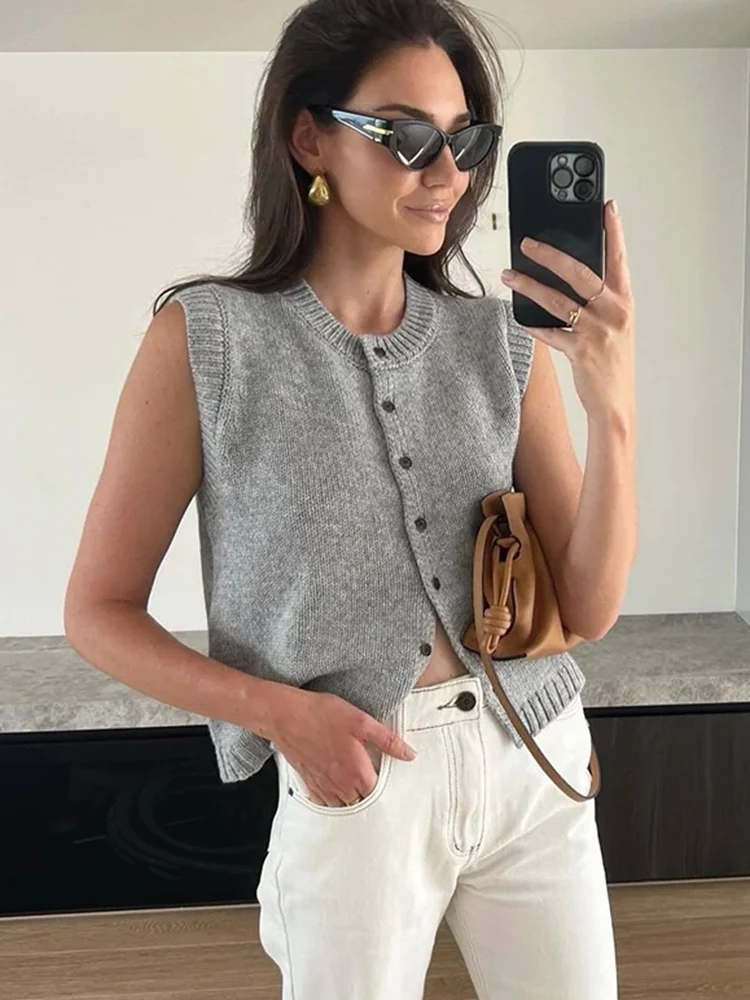 Crew Neck Sleeveless Knit Vest Single Breasted Button Down Ribbed Hem Loose Cropped Waistcoat Casual Layering Tank Top 260602
