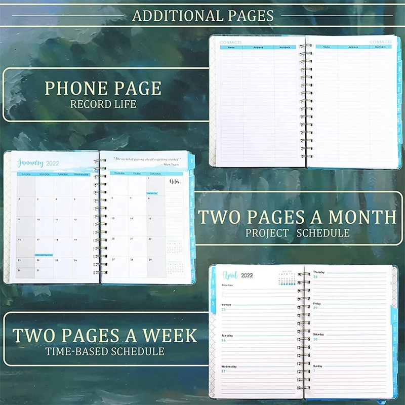 Planer miesięczny - notatnik A5 z planerem tygodniowym i miesięcznym z zakładkami miesięcznymi, elastycznym zamknięciem i wewnętrzną kieszenią