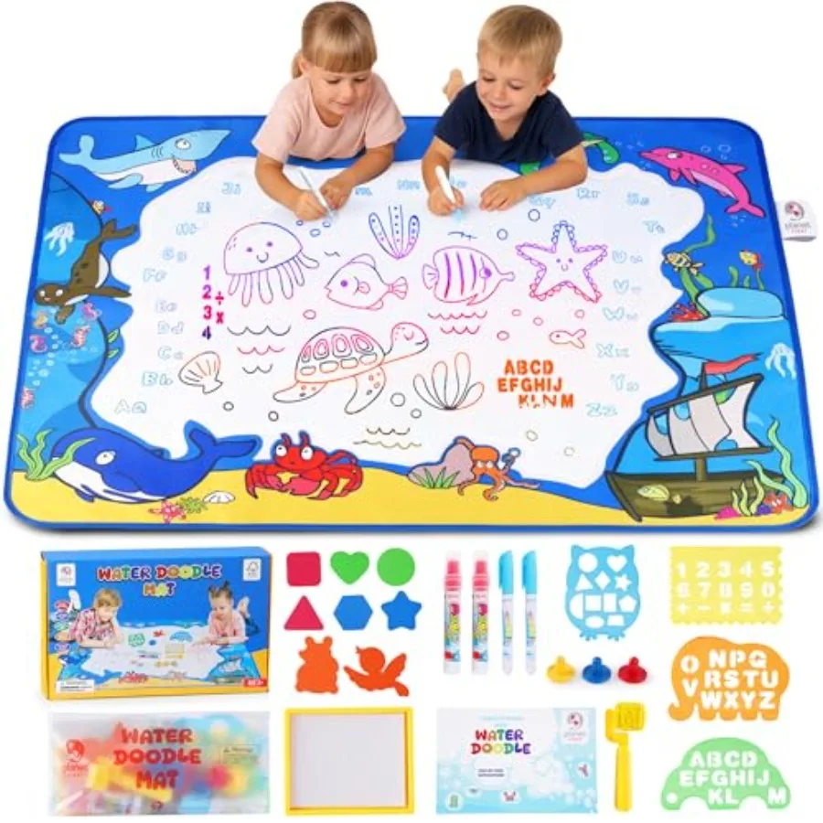 

Water Doodle Mat -Sea Life 40 x 32 M-Free Water Drawing Mat for Ages 3-8 with Roller, Stamp Markers, Water Pens, Foam Shapes an