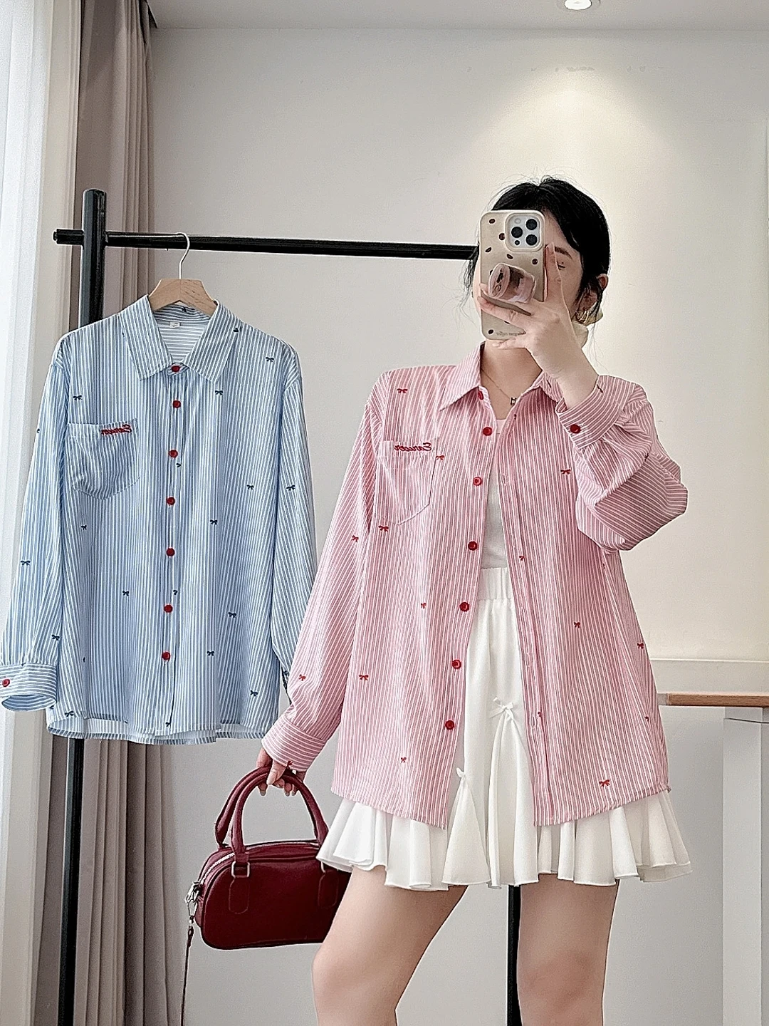 

Casual Striped Knot Long Sve irt Women's plus Size Commute Faion Thin Outerwear YLL677 Korean Sle Loose Fit