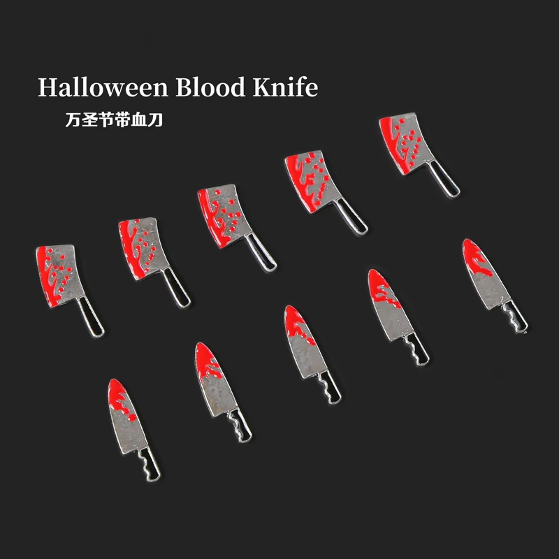 10Pcs Halloween Blood Knife Nail Charms 3D Punk Metal Horror Snake/Pająk/Cross Nail Rhinestone Gems Manicure Decorations