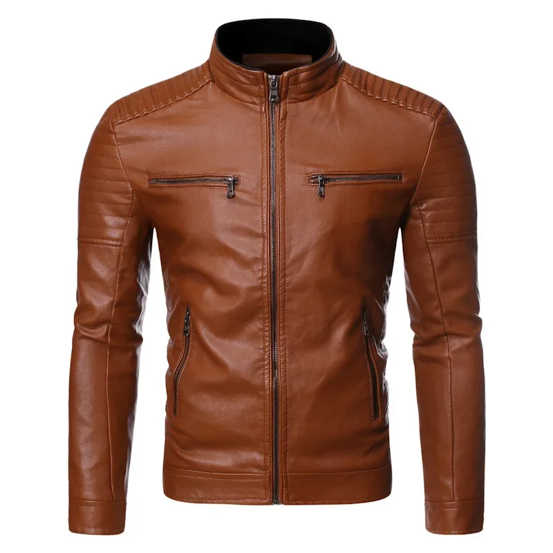 

Spring and Autumn Season 203 Thin Men's Standing Neck Stripe Double Zipper PU Leather Coat Large Motorcycle Leather Coat