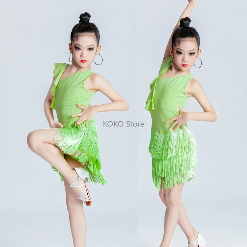 

2024 New Children Latin Dance Dress Swing Dance Dress Fringed Tango Salsa Ballroom Kids Dresses for Girls Costume Competition
