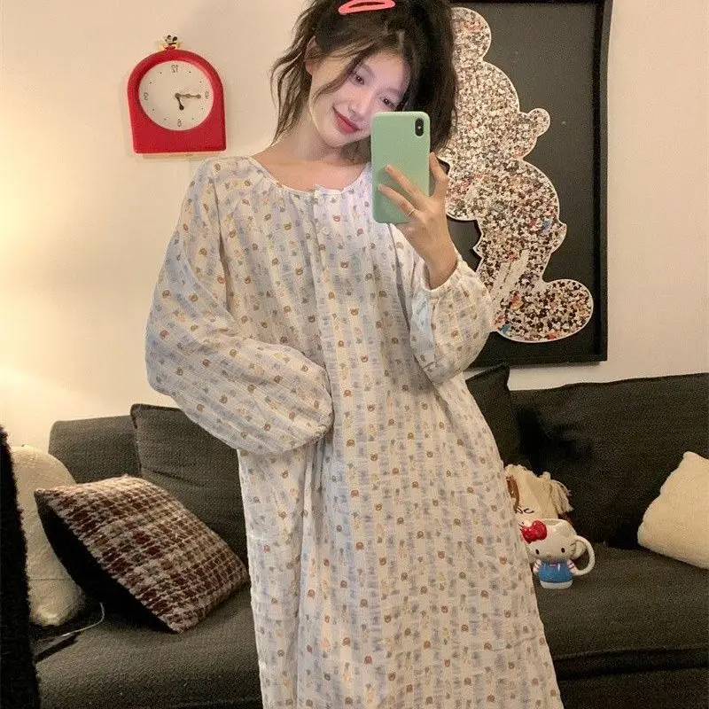

Striped Bear Pajamas for Women New Spring Autumn Long Sleeves Trousers Round Neck Korean Girl's Nightgown Dresses Sexy Woman Tоy