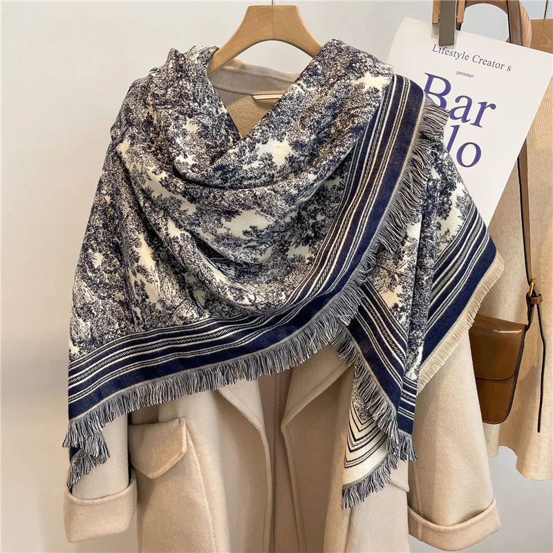 

Luxury Elegant Travel Scarves Warm Vintage Shawls Versatile Tassel Neckbands Double-sided Cashmere Scarve Printed Shoulder Pads