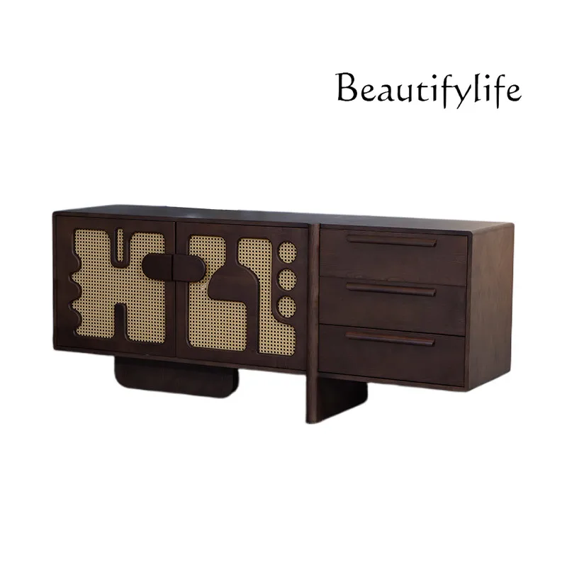 

Medieval solid wood floor-to-ceiling TV cabinet French retro rattan black walnut storage cabinet dining side cabinet