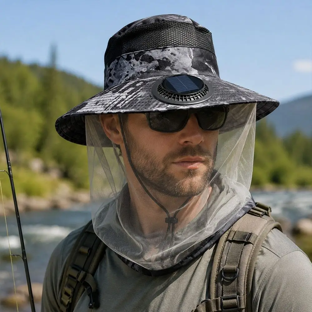 Creative Solar Powered Fan Hat Wide Brim Breathable Sunshade Cap with Net Mesh Anti UV Fishing Sun Cap Summer