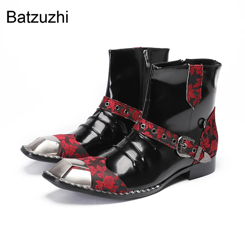 

Batzuzhi Rock Wetsern Cowboy Boots Man Silver Cap Black Red Punk Genuine Leather Ankle Boots Man Zip Motorcycle, Party Boots!