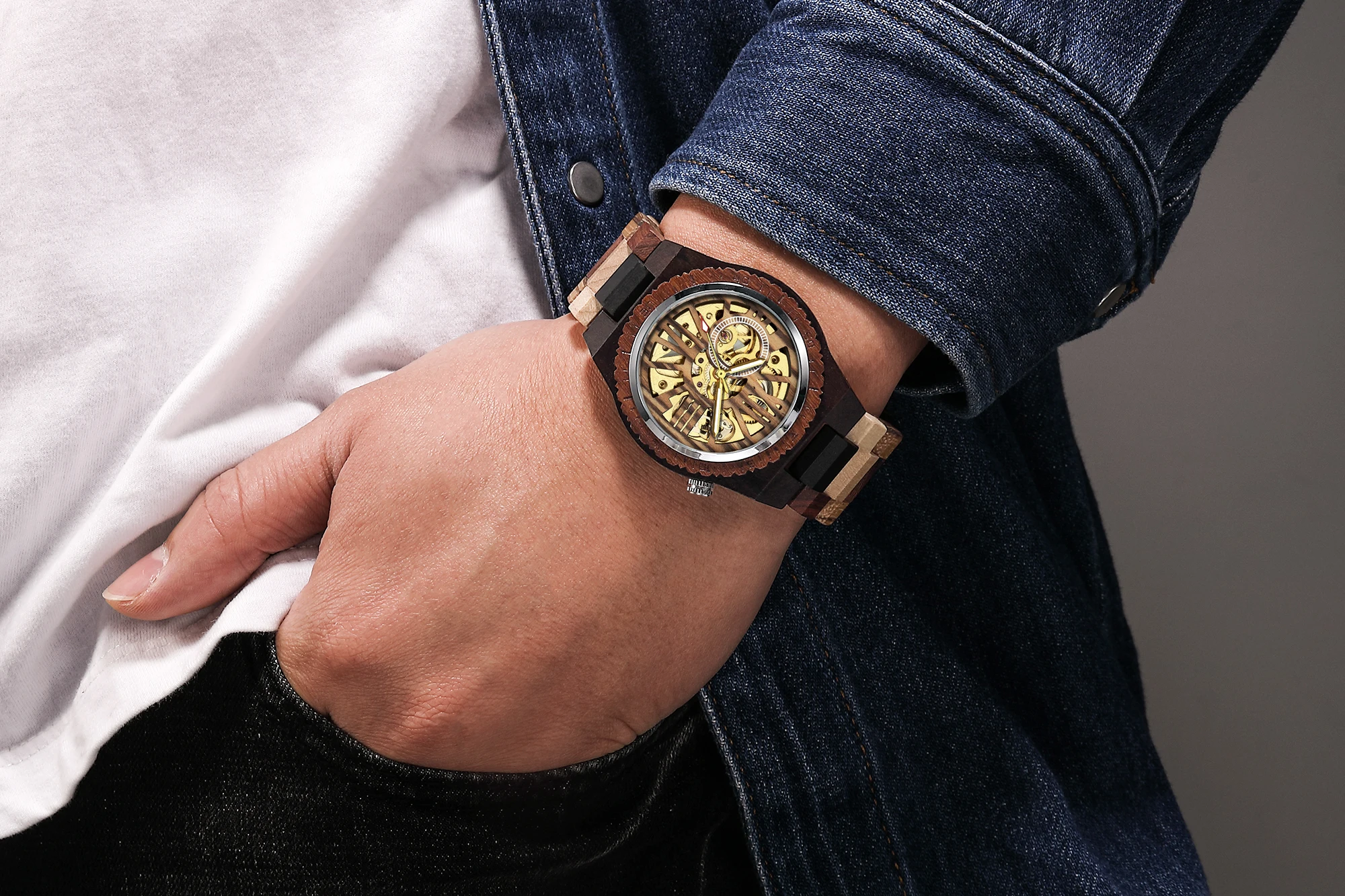 Top Brand Luxury Mens Watches Round Automatic Watch for Men Fashion Wood Clock Adjustable Wooden Braacelet Mechanical Wristwatch