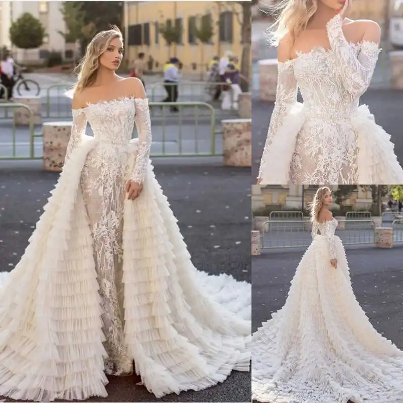 

Изящное свадебное платье русалки с длинным рукавом и кружевом без бретелек со съемным шлейфом, свадебные платья по индивидуальному заказу, Vestido De Novia