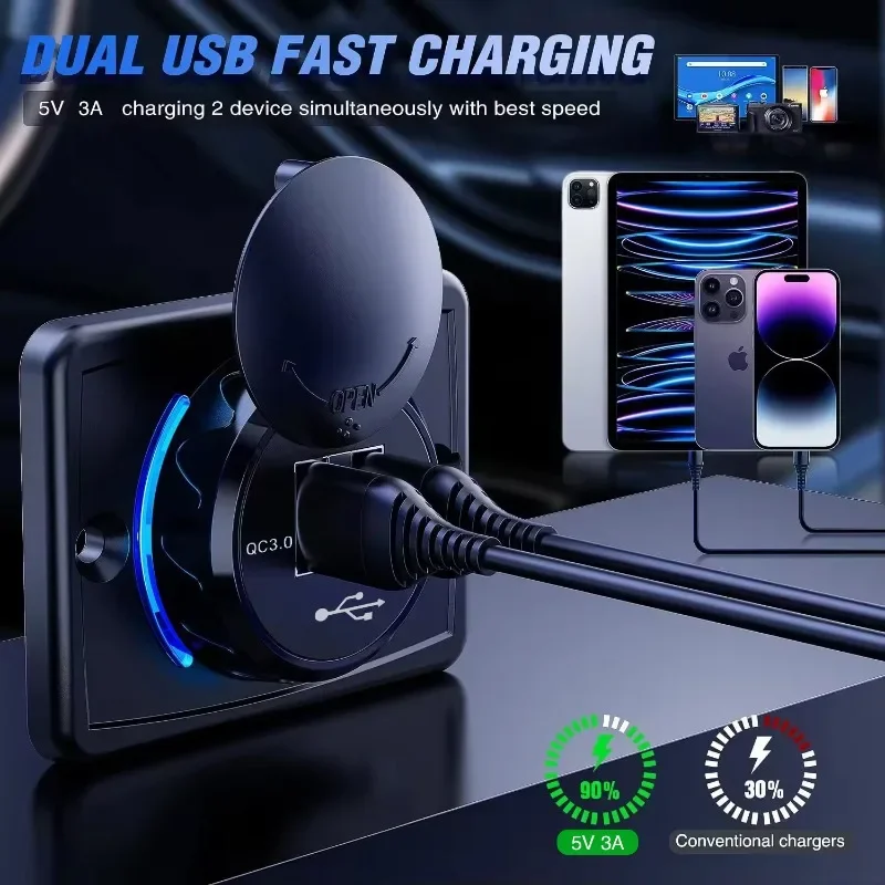 شاحن سيارة USB مزدوج قابل للتقشير والعصا، لا يوجد أدوات تركيب شاحن سريع للوحة القيادة شاحن عالمي 12 فولت/24 فولت لحافلة السيارة RV #2