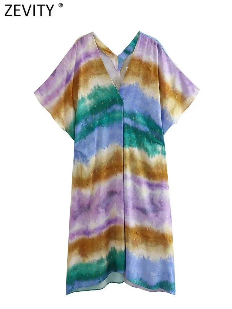 Zevity Women Vintage V Neck Patchwork Tie Dyed Print Loose Shirt Midi Dress Female Chic Short Sleeve Beach Kimono Vestido DS4509