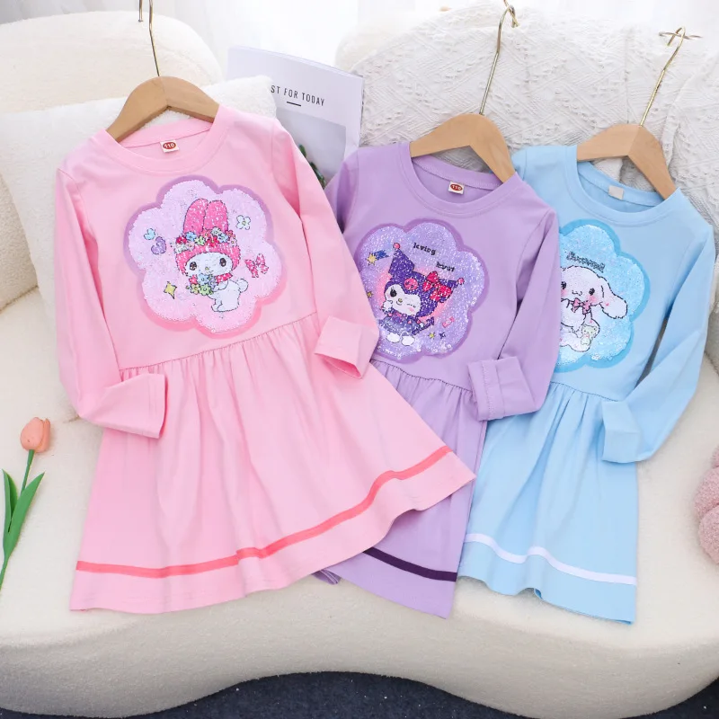 

Kuromi Girls Long Sleeved Autumn Dress Double-Sided Color Changing Sequins Glittering Shiny Girls Dress for All Seasons