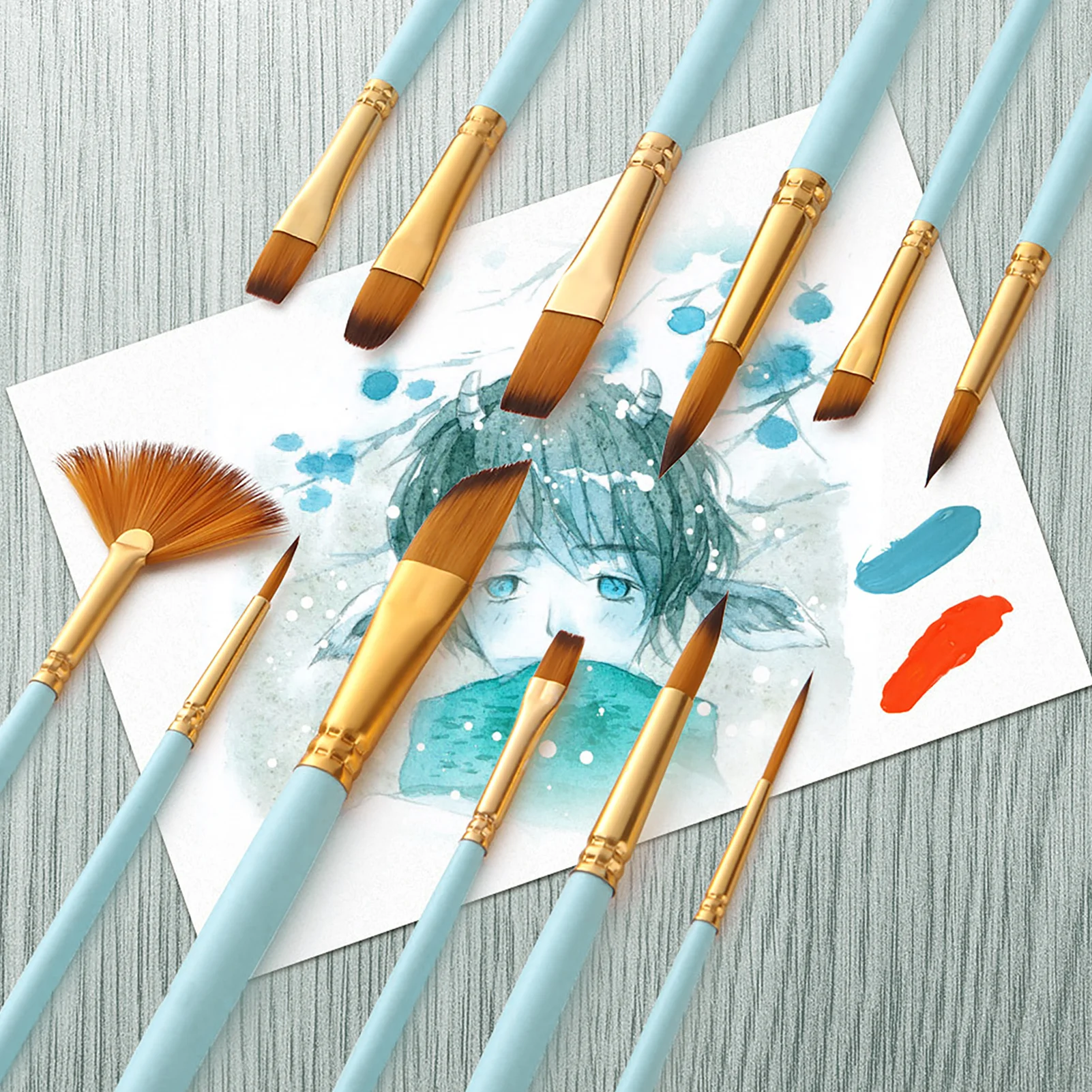 【جديد】 مجموعة فرش طلاء دقيقة مكونة من 12 قطعة، فرشاة رسم شعر تاكلون مزدوجة الألوان لطلاء الألوان المائية الزيتية المصغرة من الأكريليك #3
